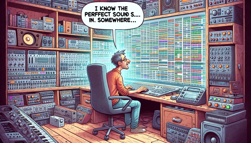 An illustration for 'The Preset Predicament' music producer meme. The scene shows a producer sitting in front of a computer screen, which displays thousands of digital audio presets. The producer looks overwhelmed and indecisive, scanning through the endless list with a mouse. The studio is cluttered with musical equipment, suggesting a long search for the perfect sound. The caption reads, "I know the perfect sound is in here... somewhere."