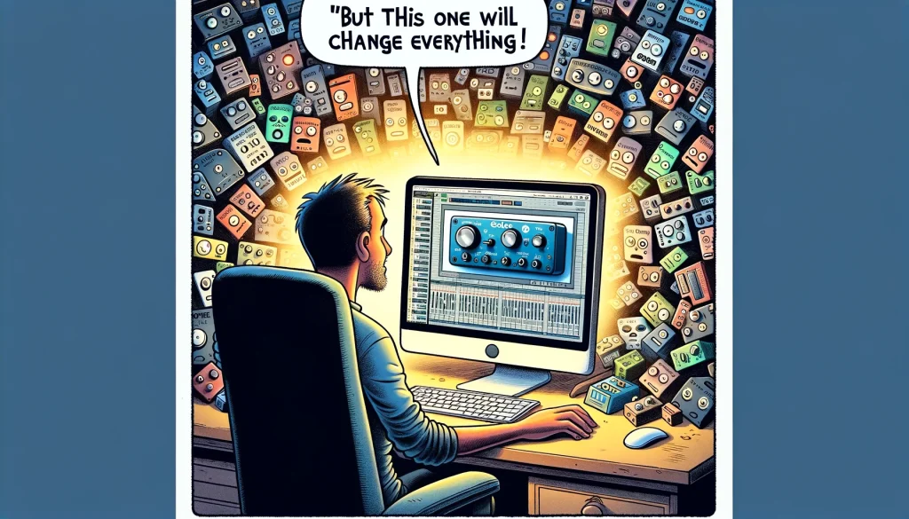 An imaginative illustration for 'The Plugin Promise' music producer meme. Panel 1: A producer staring at a computer screen with an ad for a new audio plugin, eyes filled with hope and excitement. Panel 2: The producer's desktop, cluttered with icons of numerous audio plugins, indicating a collection built over time. The scene conveys a mix of eagerness for the new plugin and the overwhelming abundance of existing ones. The caption reads, "But this one will change everything!"