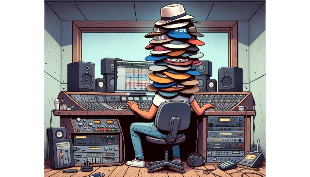 A comical illustration for 'The Solo Sound Engineer' music producer meme. The scene shows a producer in a studio, wearing multiple hats stacked on top of each other, each labeled differently: 'mixer', 'mastering', 'recording'. The producer is multitasking, simultaneously adjusting studio equipment, checking a computer screen, and holding recording gear. The studio is filled with various musical instruments and recording devices. The caption reads, "When you're a one-person band."