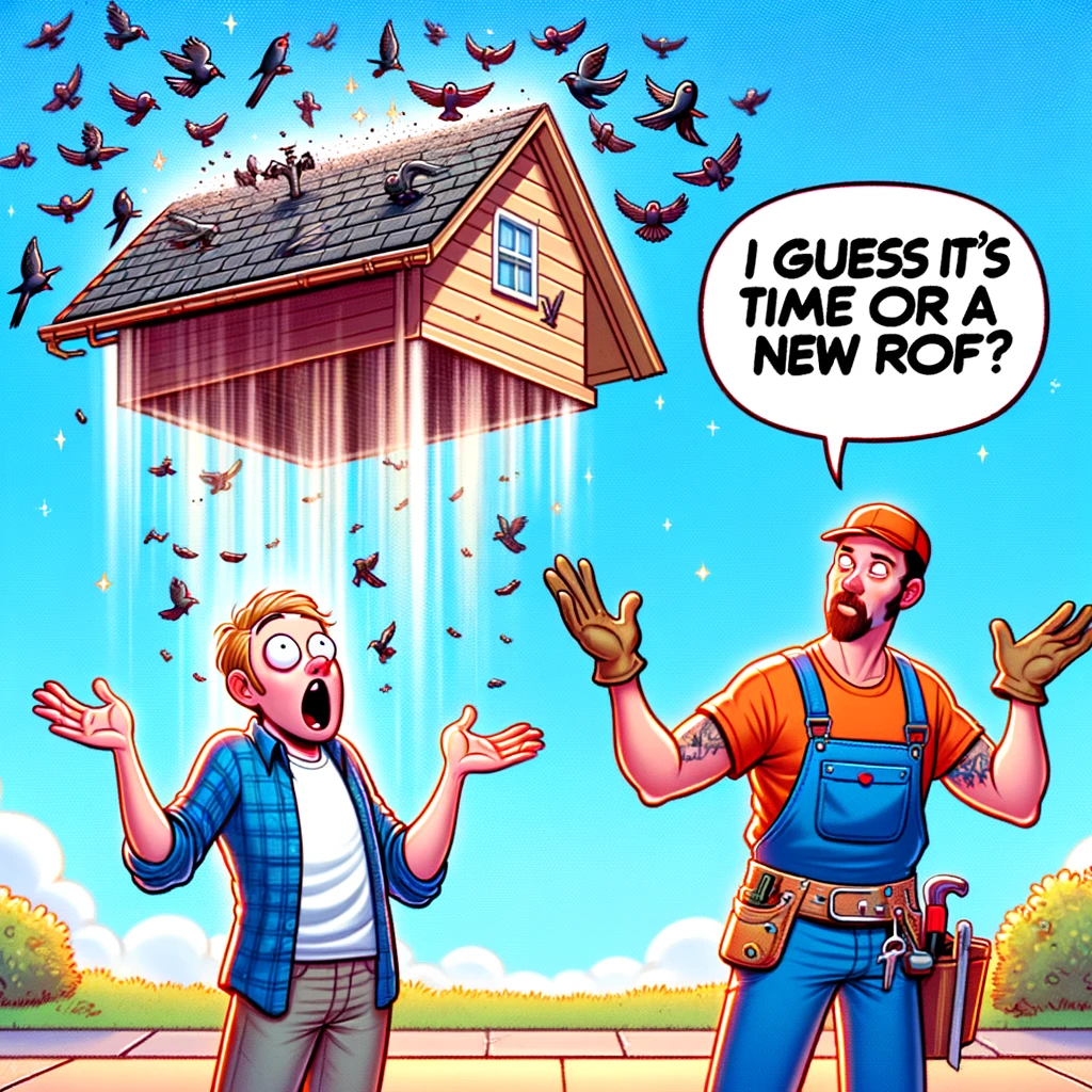 A cartoon showing a homeowner in shock as they watch their entire roof magically floating away with a flock of birds. A roofer shrugs with a speech bubble saying, "I guess it's time for a new roof!" The scene is whimsical and colorful, with the homeowner expressing surprise and the roofer nonchalant. The floating roof is surreal, adding a magical touch to the scenario. The background is a clear blue sky, emphasizing the roof's ascent. The style is light-hearted and comical, perfect for a meme.