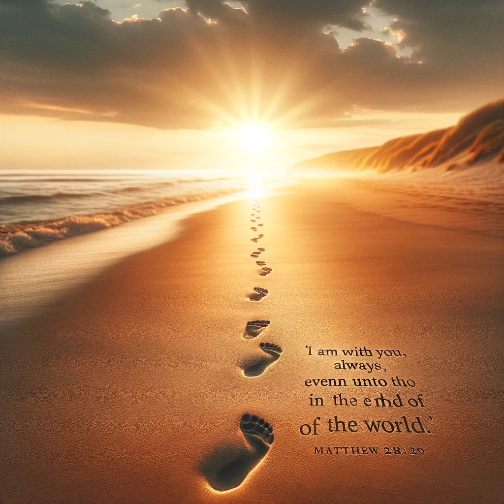 An image of a single set of footprints along a beach at sunrise, symbolizing the 'Footprints in the Sand' poem. The scene is peaceful, with the sun rising over the horizon, casting a warm, golden light on the sand. The footprints are distinct, leading towards the sea, and they're the only set visible on the beach. Overlaid on the image is the Bible verse Matthew 28:20: 'I am with you always, even unto the end of the world.' The verse is elegantly written in a script font, enhancing the inspirational theme.