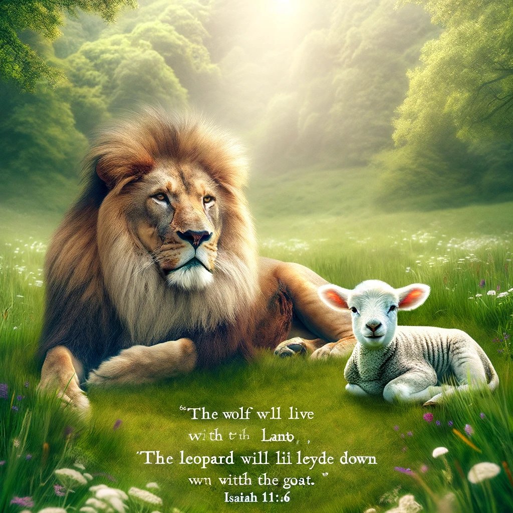 A powerful lion lying peacefully next to a gentle lamb in a lush meadow, symbolizing Isaiah 11:6, 'The wolf will live with the lamb, the leopard will lie down with the goat.' This peaceful scene in nature shows the lion and lamb side by side, with the lion looking majestic yet serene, and the lamb appearing calm and safe. The meadow is vibrant with green grass and wildflowers, suggesting a sense of harmony and tranquility. The image conveys a message of peace and unity, with the Bible verse subtly included in the scene.