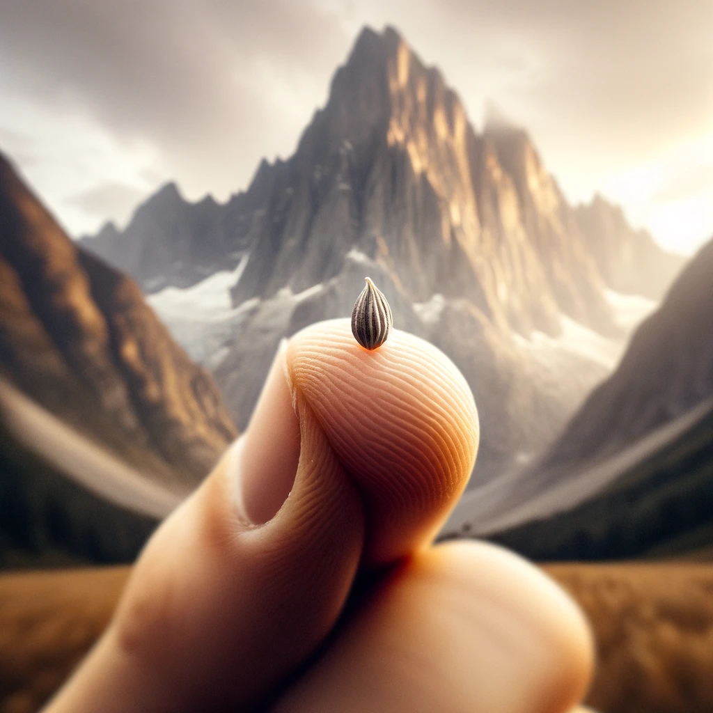 A tiny mustard seed held between two fingers, with a vast mountain in the background. The image captures the essence of Matthew 17:20, 'If you have faith as small as a mustard seed, you can say to this mountain, 'Move from here to there,' and it will move.' The focus is on the small, seemingly insignificant mustard seed contrasted against the grandeur of the mountain, symbolizing the power of faith. The background is a majestic mountain landscape, emphasizing the scale difference between the seed and the mountain.
