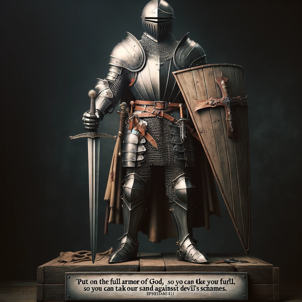 A medieval knight fully clad in armor, standing with a sword and shield, representing Ephesians 6:11, 'Put on the full armor of God, so that you can take your stand against the devil’s schemes.' The knight symbolizes spiritual readiness and protection, embodying strength and resilience. The armor is detailed and realistic, reflecting the historical context of a medieval knight. The knight stands in a noble pose, with a sword in one hand and a shield in the other, ready to defend. The scene conveys a sense of determination and faith.