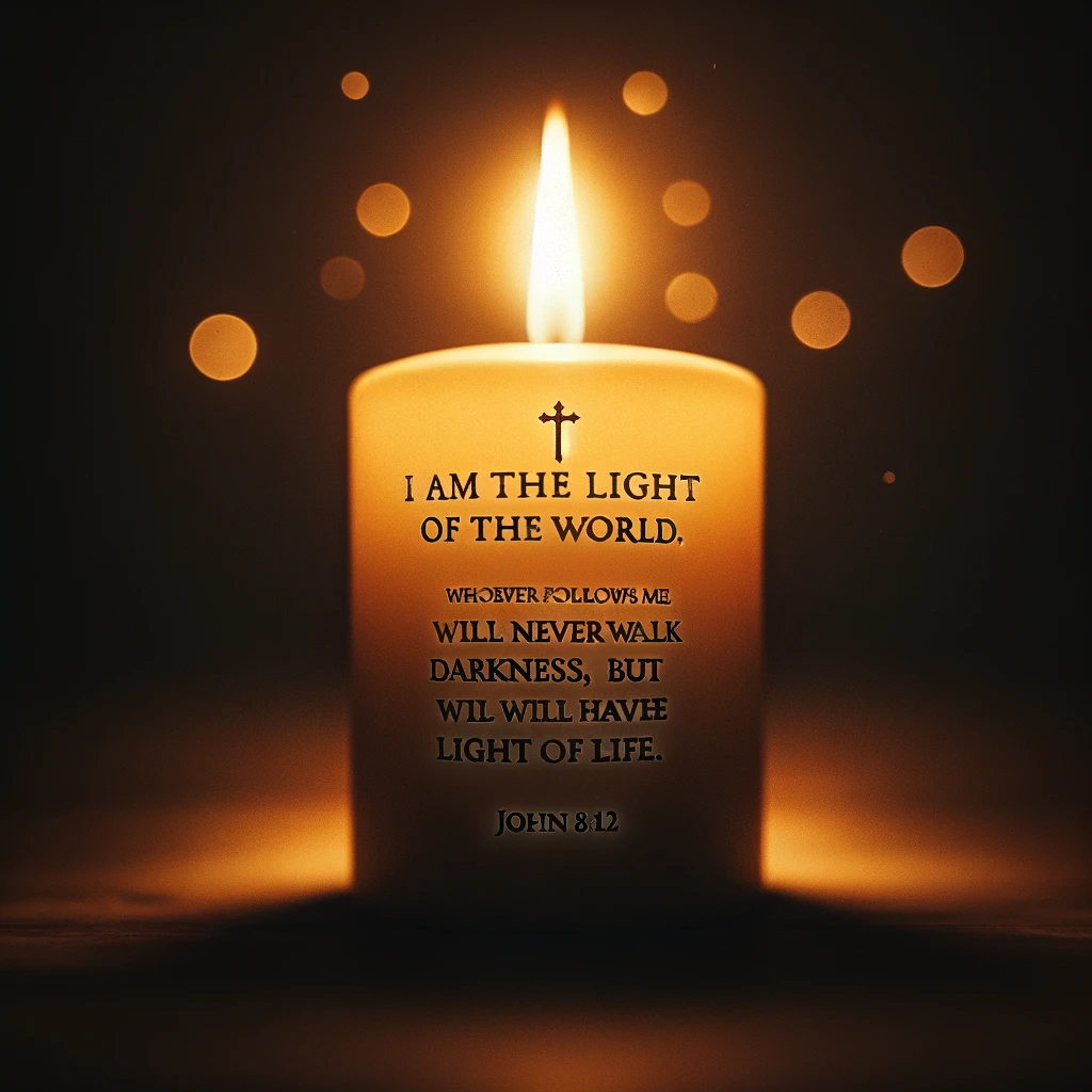 A single lit candle in a dark room, casting a warm glow, paired with John 8:12, 'I am the light of the world. Whoever follows me will never walk in darkness, but will have the light of life.' The candle's flame is the central focus, illuminating the surrounding darkness, symbolizing hope and guidance. The room is otherwise dark, emphasizing the contrast between light and darkness. The Bible verse is elegantly displayed near the candle, enhancing the inspirational message of the image.