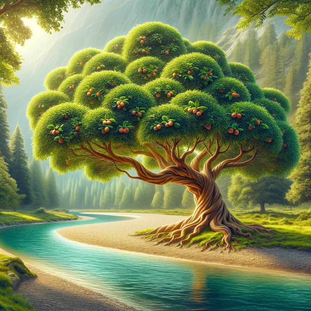 A flourishing tree by a serene river, symbolizing Psalm 1:3, 'That person is like a tree planted by streams of water, which yields its fruit in season.' The tree is large and vibrant, with lush green leaves and possibly fruit, standing tall beside a gently flowing river. The scene is tranquil, with clear blue water and a picturesque landscape. This image conveys stability, growth, and prosperity. The Bible verse is subtly integrated into the scene, complementing the natural beauty and the symbolic message of the tree.