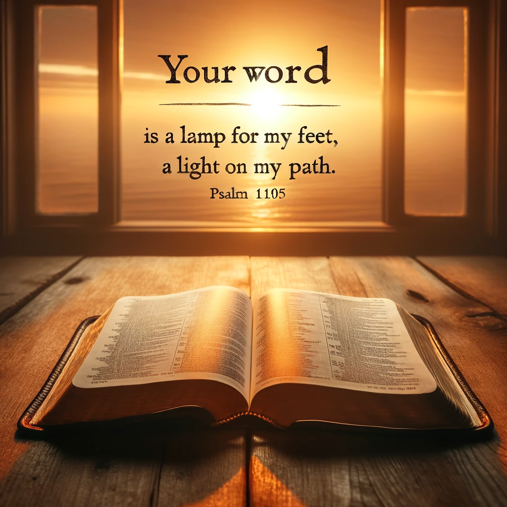 An open Bible on a wooden table with a beautiful sunrise in the background, symbolizing Psalm 119:105, 'Your word is a lamp for my feet, a light on my path.' The Bible is open to a random page, and the warm light of the sunrise filters through a window, illuminating the pages. The scene is peaceful and serene, suggesting a moment of reflection or morning devotion. The verse is elegantly displayed, blending with the scene to convey a message of guidance and enlightenment through scripture.