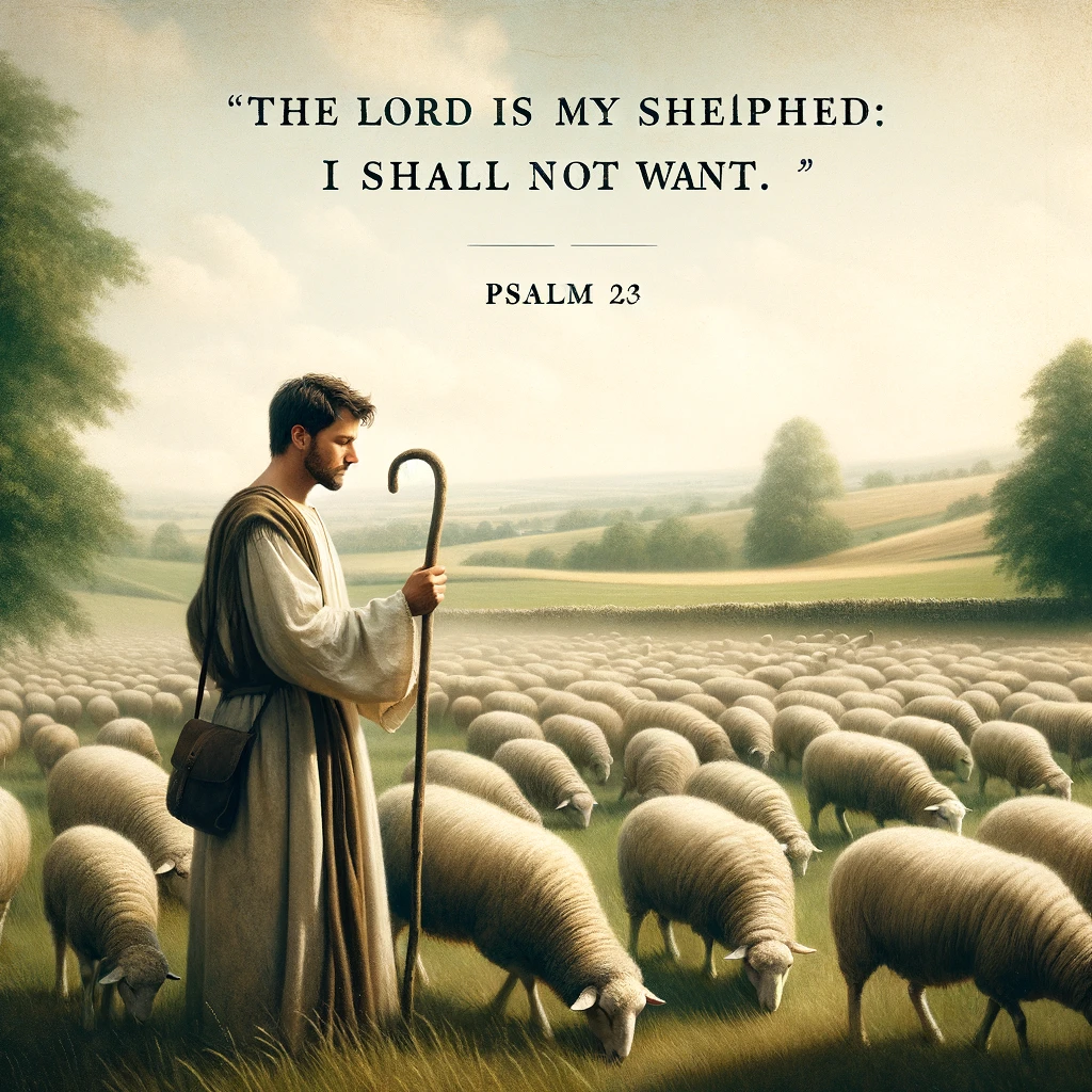 A shepherd in a pastoral field, watching over a flock of sheep, representing Psalm 23, 'The Lord is my shepherd; I shall not want.' The shepherd is dressed in simple, traditional clothing, standing with a shepherd's staff, looking over the flock with care and attention. The sheep are peacefully grazing in the field, which is lush and green, symbolizing protection, guidance, and care. The setting is calm and serene, with a gentle landscape in the background. The Bible verse is subtly included in the image, complementing the pastoral scene.