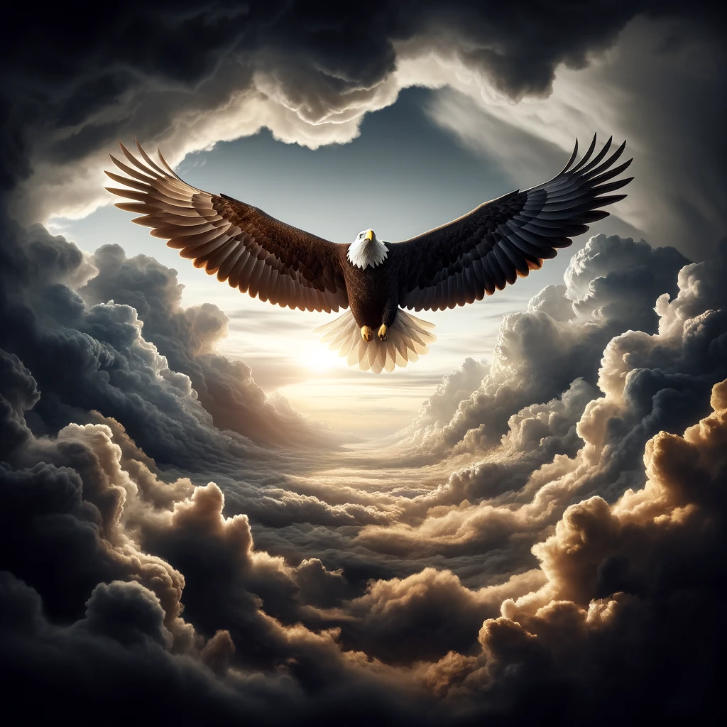 An eagle soaring high above storm clouds, symbolizing hope and strength, based on Isaiah 40:31. The eagle is depicted majestically in flight, its wings spread wide, against a backdrop of dark, tumultuous storm clouds below. The scene captures the essence of rising above challenges with faith and determination.