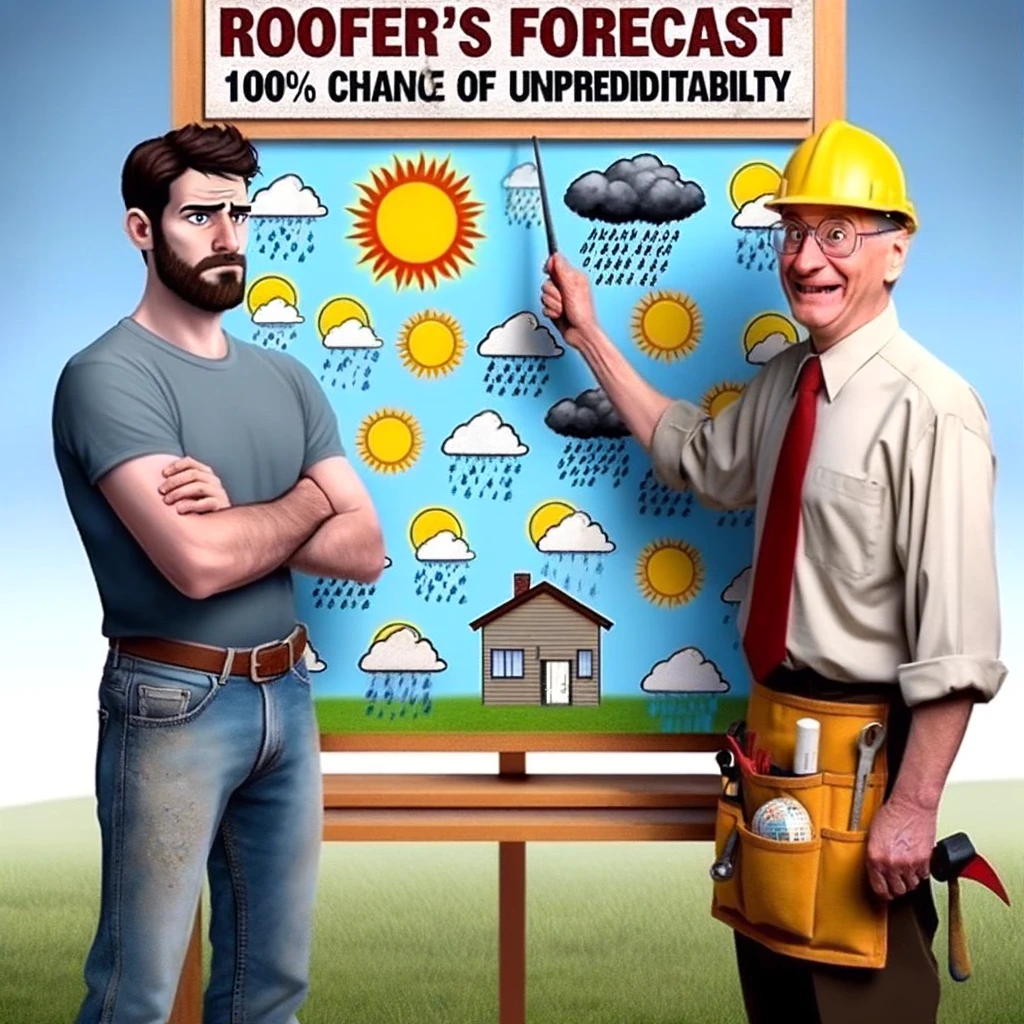 A humorous meme showing a roofer and a weatherman standing together. The roofer looks puzzled while the weatherman points to a weather map behind them. The map is covered in a chaotic mix of weather symbols: sun, rain, snow, and a cloud hovering over a house. The caption reads: "Roofer's forecast: 100% chance of unpredictability." The scene should have a light-hearted, comic feel, emphasizing the humor in the unpredictable nature of a roofer's weather challenges.