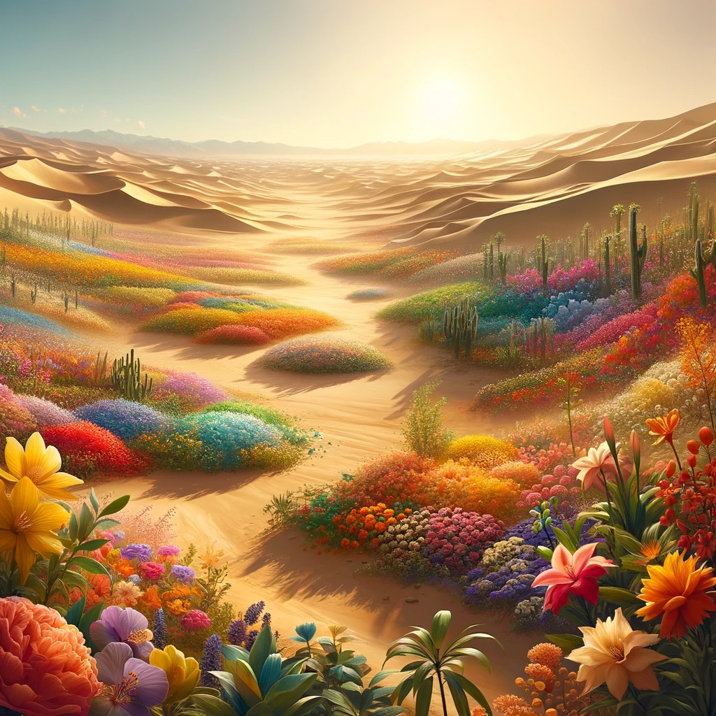 A desert scene miraculously blooming with vibrant flowers, inspired by Isaiah 35:1. The image shows a vast desert landscape, traditionally arid and sandy, now bursting with an array of colorful flowers and greenery. This transformation signifies hope and renewal emerging in harsh, difficult circumstances.