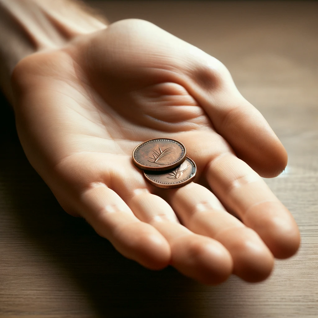 Two small copper coins on an open palm, illustrating the story of the widow's offering from Luke 21:2-3. The image focuses on a hand gently holding the coins, emphasizing their modest size yet great value in terms of sacrificial giving and faith. The background is simple and unobtrusive, drawing attention to the gesture of giving and the symbolic meaning of the widow's mite.
