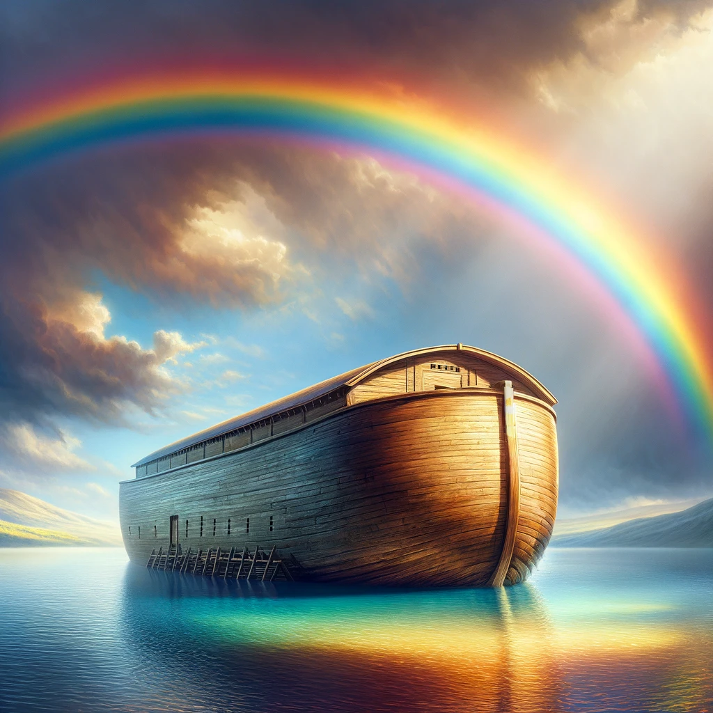 A rainbow over a wooden ark resting on calm waters, representing God's promise from Genesis 9:13. The ark is depicted as a large, wooden vessel, floating peacefully on a serene body of water. Above, a vibrant rainbow arcs across a clearing sky, symbolizing hope, renewal, and God's enduring faithfulness. The scene is tranquil, conveying a sense of relief and divine protection after a storm.