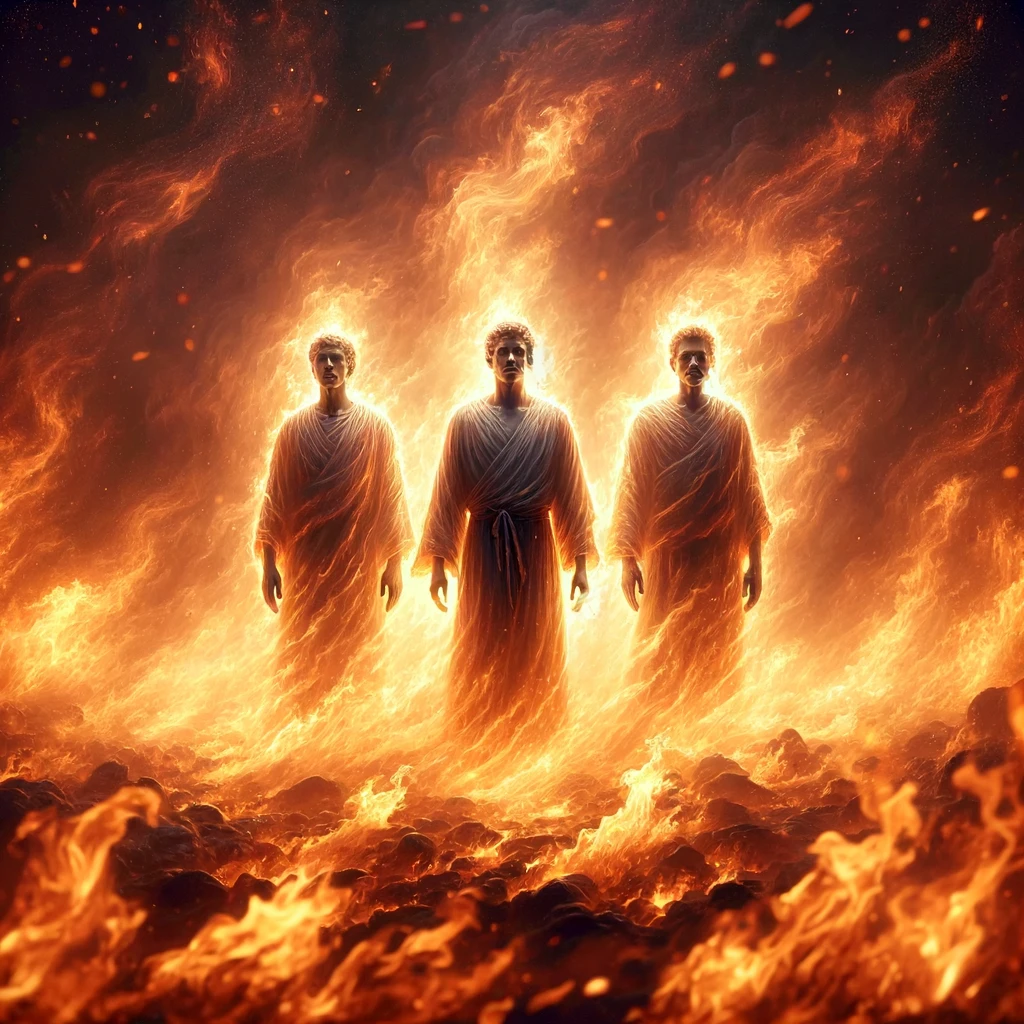 Three figures standing unharmed in the midst of flames, based on Daniel 3:25. The image portrays Shadrach, Meshach, and Abednego in the fiery furnace, surrounded by intense, swirling flames. Yet, they appear calm and protected, symbolizing faithfulness and divine protection in adversity. The focus is on their unscathed presence amidst the fire, emphasizing the miraculous nature of their survival.