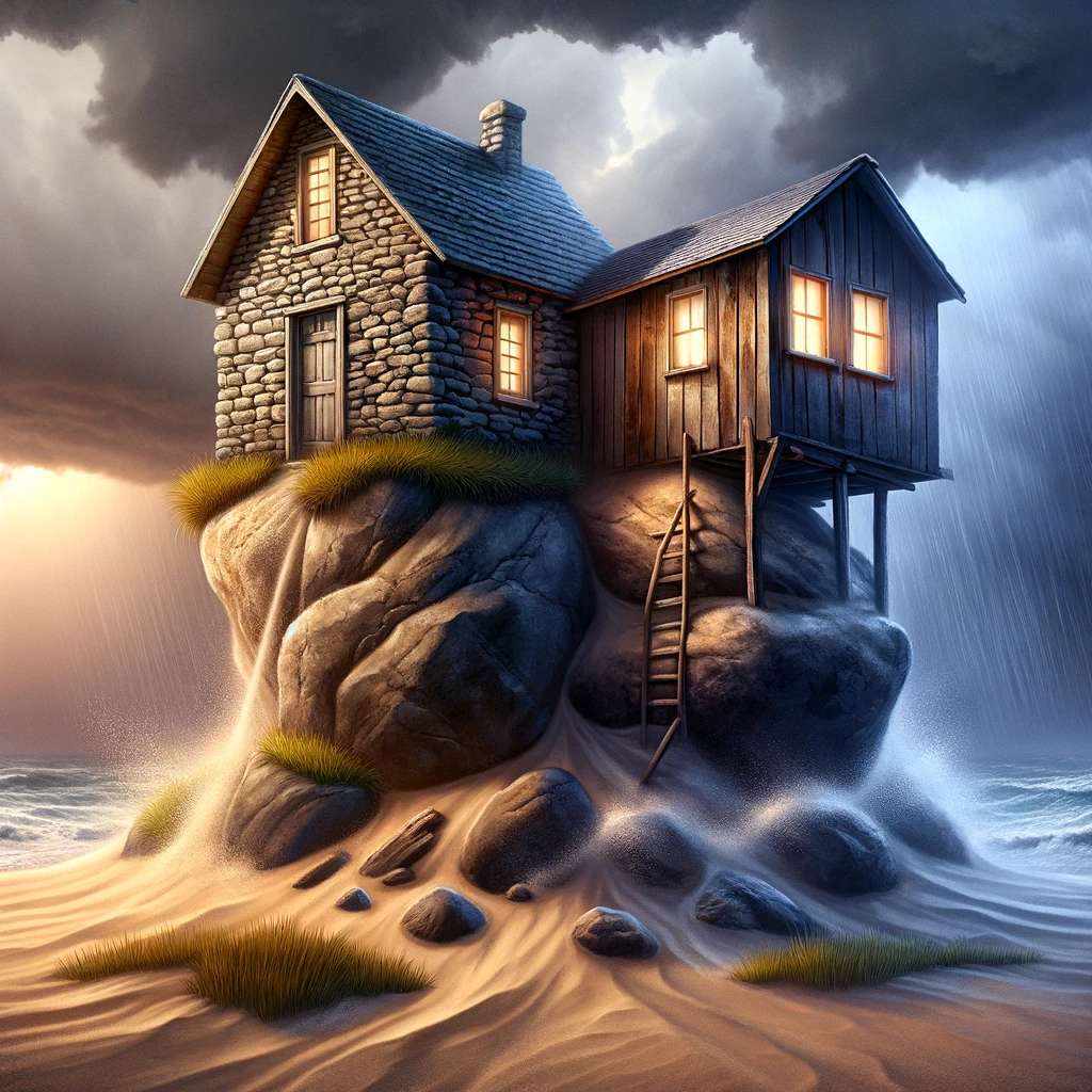 Two houses, one built on rock and the other on sand, with a storm approaching in the background, inspired by Matthew 7:24-27. The house on the rock is stable and secure, while the one on the sand is showing signs of distress. The contrasting conditions of the houses represent the outcomes of building life on the teachings of Jesus versus not. The storm symbolizes life's challenges, highlighting the wisdom of building on a solid foundation.