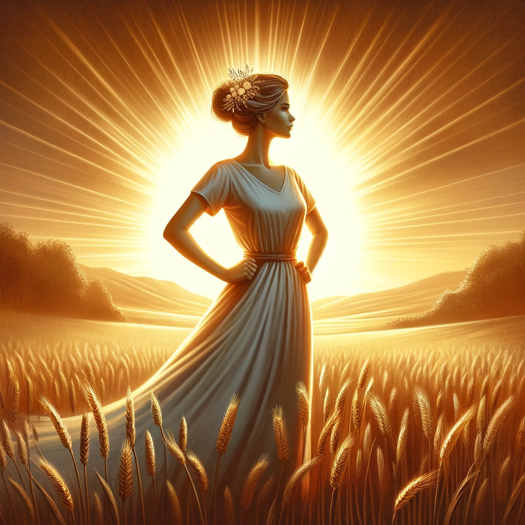 A strong, dignified woman standing in a field with the sunrise behind her, inspired by Proverbs 31:25. The woman is depicted as confident and elegant, embodying strength and dignity. She stands tall in a field, perhaps of wheat or flowers, as the sun rises in the background, creating a beautiful, warm glow. This scene celebrates the virtues of a virtuous and strong woman, conveying a sense of empowerment and grace.