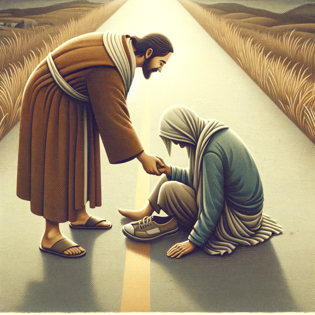 A person helping another who is injured on the side of a road, reflecting the parable of the Good Samaritan from Luke 10:33-34. The scene shows a compassionate figure bending down to aid an injured person, conveying a sense of kindness and empathy. The background is a simple roadside setting, emphasizing the act of selfless help and care towards others, regardless of their background or circumstances.