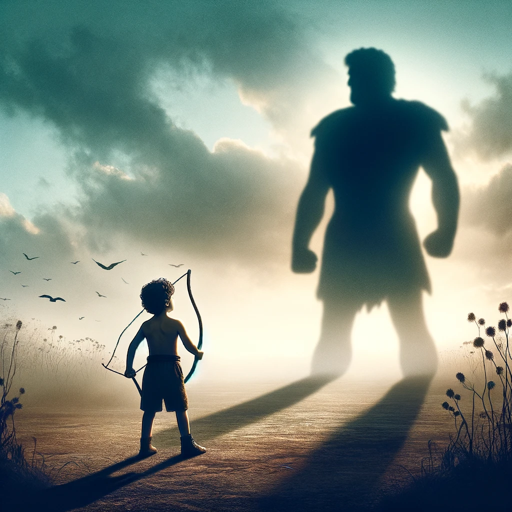 A small boy with a sling standing bravely facing a giant shadow on a battlefield, symbolizing the biblical story of David and Goliath from 1 Samuel 17. The image represents overcoming great obstacles with faith and courage.