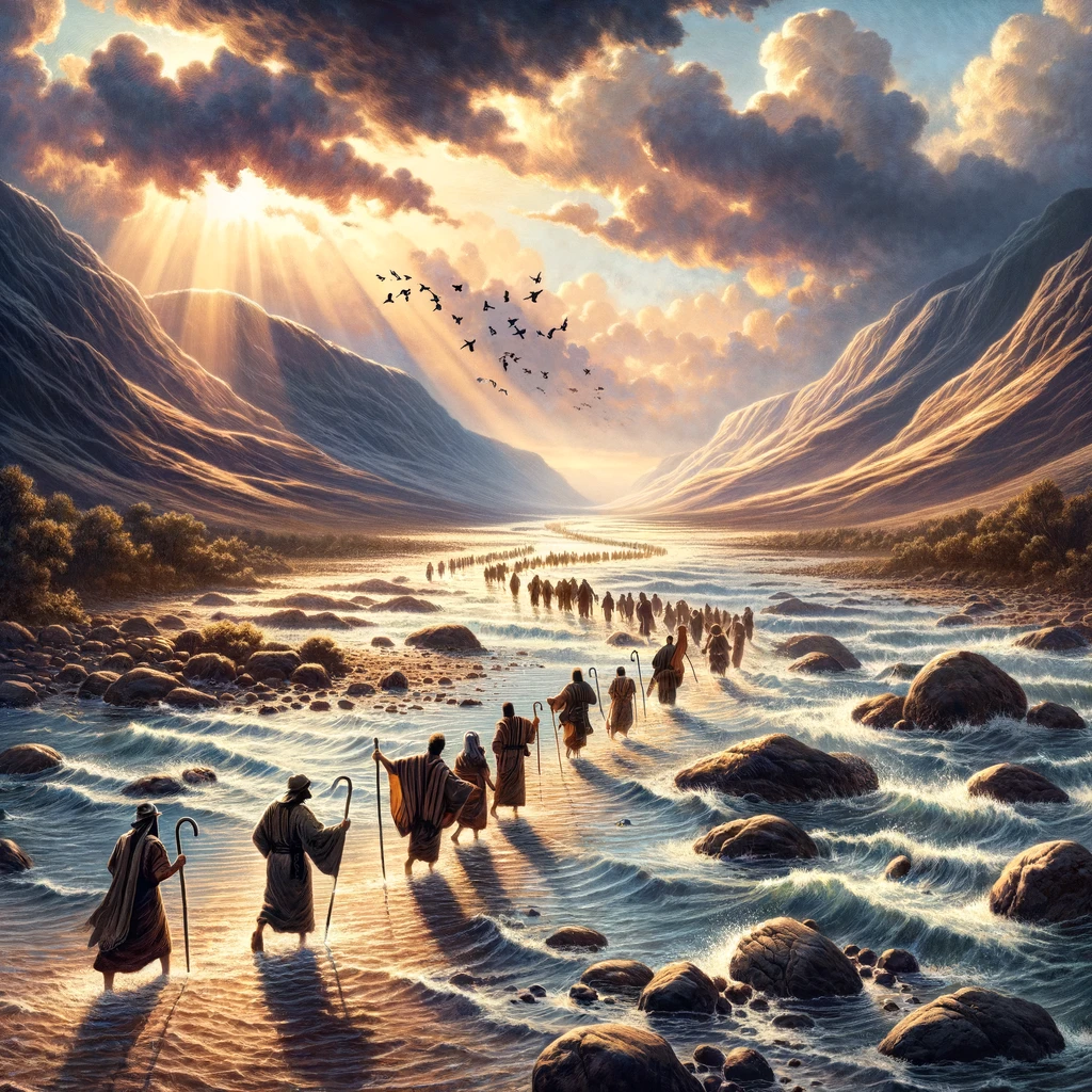 The waters of the Jordan River parting with the Israelites walking on dry ground, inspired by Joshua 3:17. This image signifies God making a way where there seems to be no way.