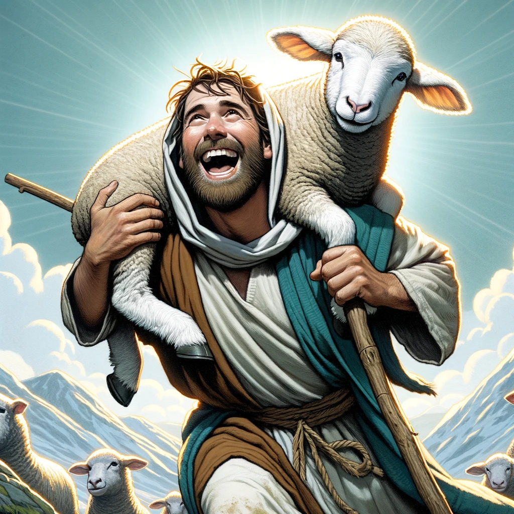 A shepherd joyfully carrying a sheep on his shoulders, based on Luke 15:4-6, the parable of the lost sheep. This image symbolizes God's joy in finding and restoring those who are lost.