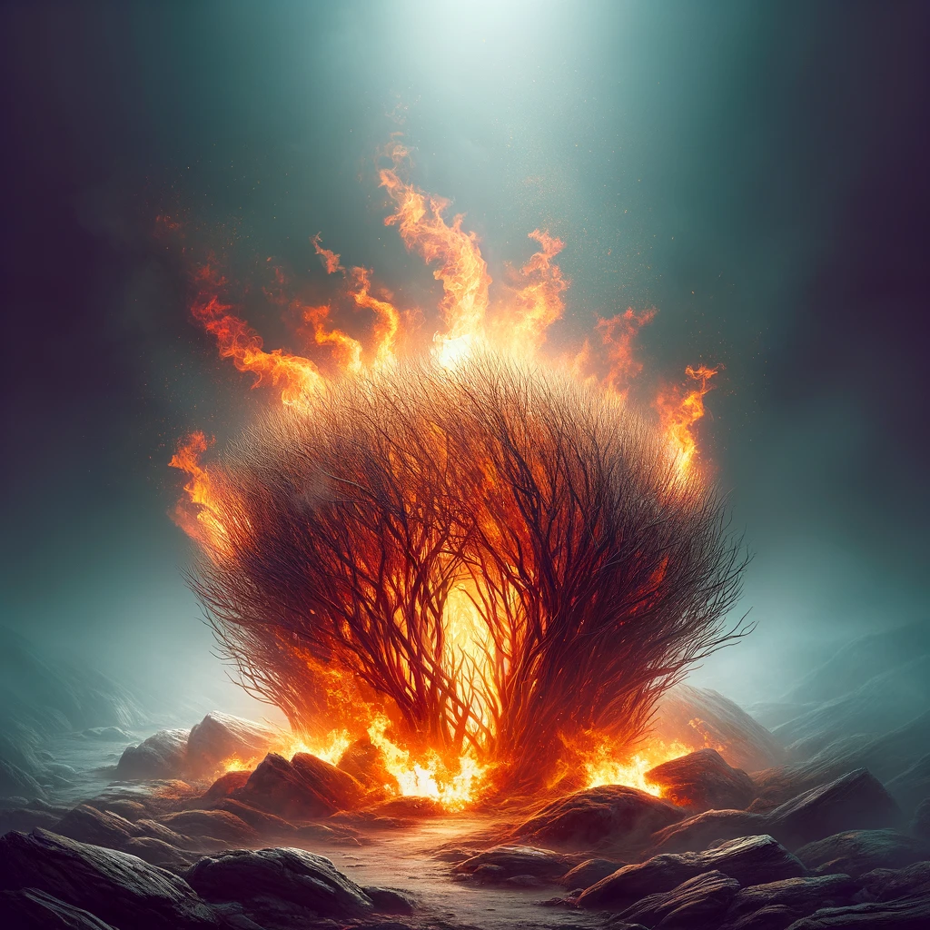 A bush engulfed in flames but not consumed, representing Moses' encounter with God in Exodus 3:2-3. This image conveys the idea of divine calling and revelation.