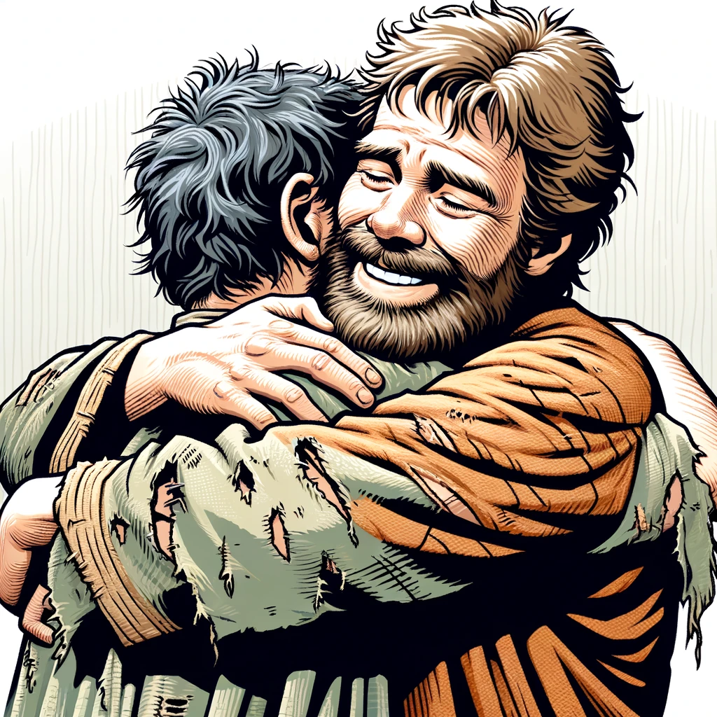 A joyful embrace between a father and his ragged son, representing the parable of the prodigal son from Luke 15:20. The father is depicted with a warm, welcoming expression, embracing his son who appears weary and worn. The son's clothes are tattered, symbolizing his tough journey. The background is simple, focusing on the emotional reunion, illustrating themes of forgiveness, redemption, and the joy of reconciliation.