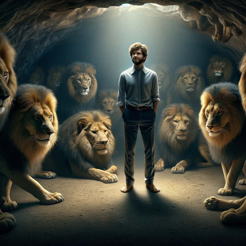 Daniel standing calmly in a den surrounded by lions, inspired by Daniel 6:22. Daniel appears composed and serene, demonstrating unshakable faith amidst the fierce lions around him. The lions, while powerful and intimidating, do not harm Daniel, reflecting the theme of divine protection and faith under pressure. The den is dimly lit, emphasizing the dramatic contrast between the danger of the lions and Daniel's peaceful demeanor.