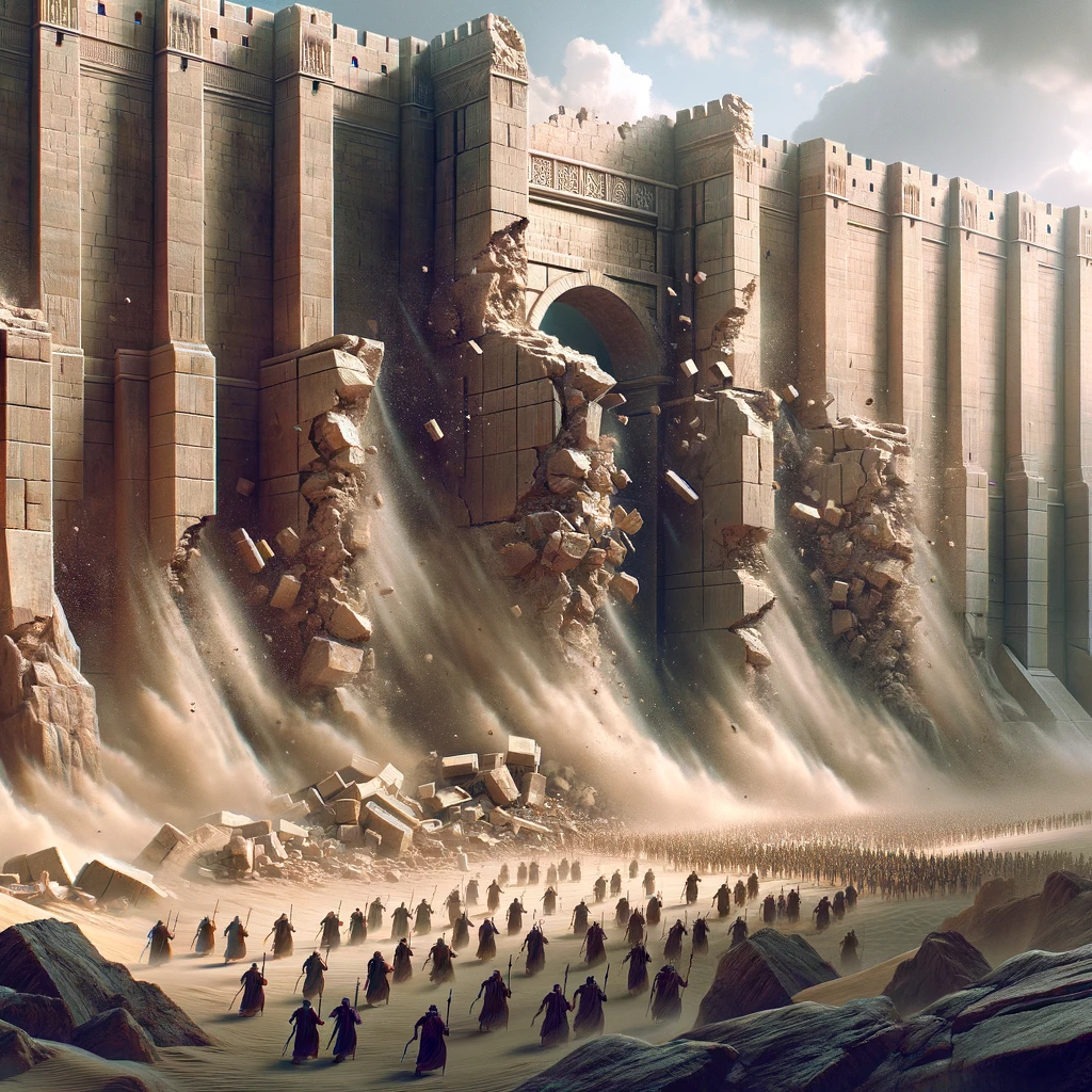 The walls of Jericho collapsing as the Israelites march around them, based on the story from Joshua 6:20. The image shows the massive walls crumbling to the ground, with dust and debris in the air, while the Israelites, visible in the foreground, are marching with determination. The scene symbolizes the monumental moment of faith and obedience overcoming immense obstacles, with a focus on the power and impact of the collapsing walls.