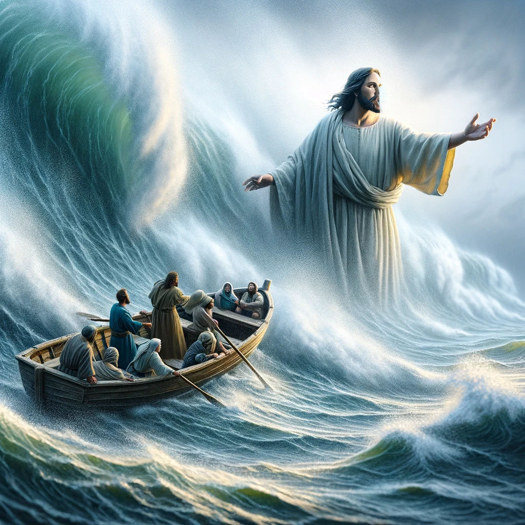A boat on a stormy sea with Jesus extending His hand, calming the waves, based on Mark 4:39. The scene captures a small boat being tossed by large waves, with Jesus standing firmly, his hand outstretched towards the tempest. The disciples in the boat look on in awe and fear, depicting a moment of divine intervention. The focus is on Jesus' calm demeanor amidst the chaos, symbolizing peace and control in the midst of life's turbulent situations.