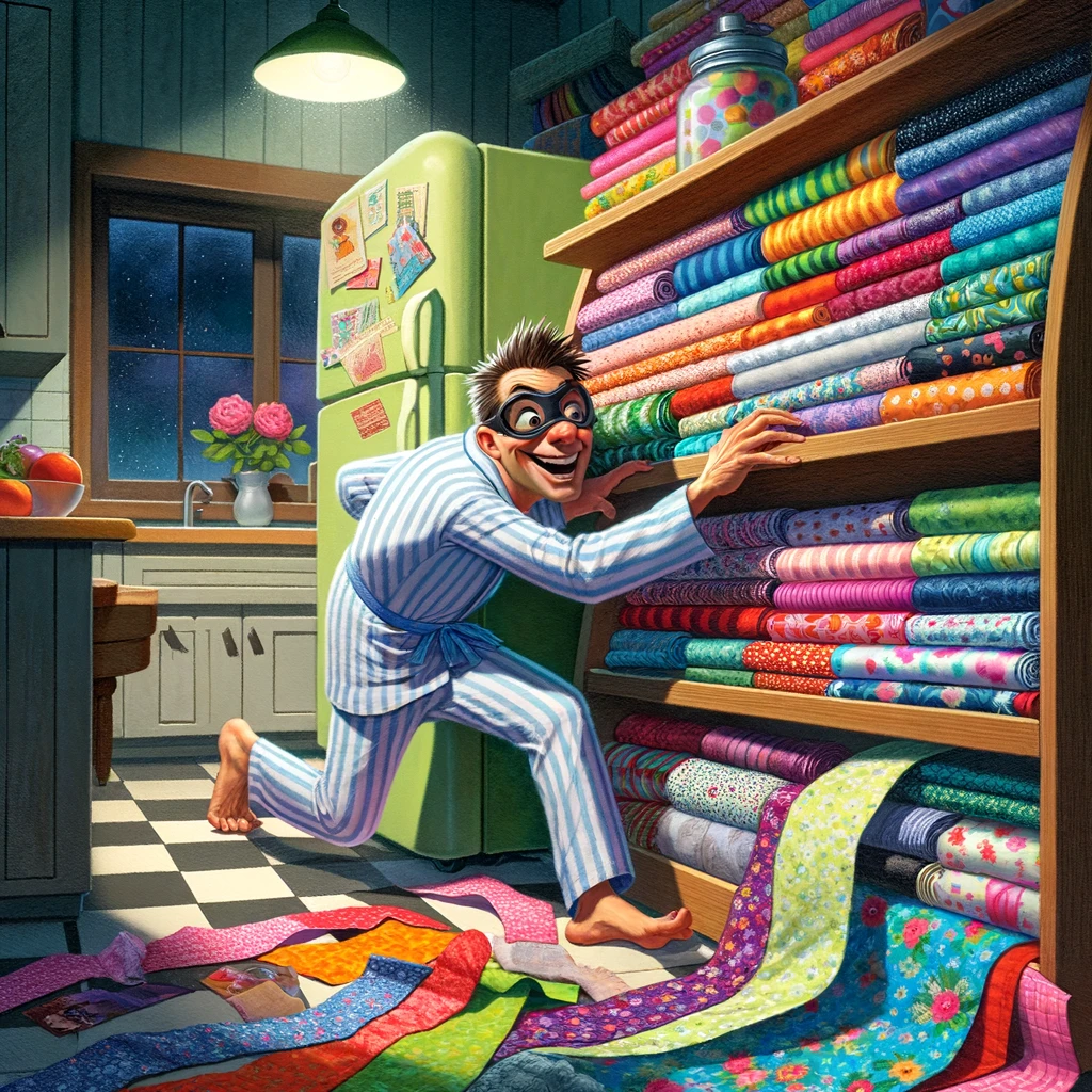 A humorous image showing a quilter sneaking into the kitchen at midnight, but instead of food, they're raiding a stash of colorful fabric scraps. The scene is comical, with the quilter tip-toeing in pajamas, their eyes wide with excitement as they reach for a shelf filled with bright and variously patterned fabrics. The kitchen is dimly lit, creating a sneaky midnight atmosphere. The fabrics are overflowing from the shelf, indicating an abundant collection. This scene represents the 'Quilter's Midnight Snack' meme.
