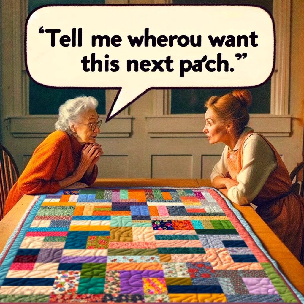 An image of a quilter talking to their quilt-in-progress, with speech bubbles that say, "Tell me where you want this next patch." The quilter is looking intently at the quilt with a curious expression, as if expecting it to respond. The quilt is laid out on a table, partially completed with colorful patches. The room is cozy, filled with quilting supplies and a warm, creative atmosphere. This scene represents the 'The Quilt Whisperer' meme, capturing the humor in a quilter's deep engagement with their craft.