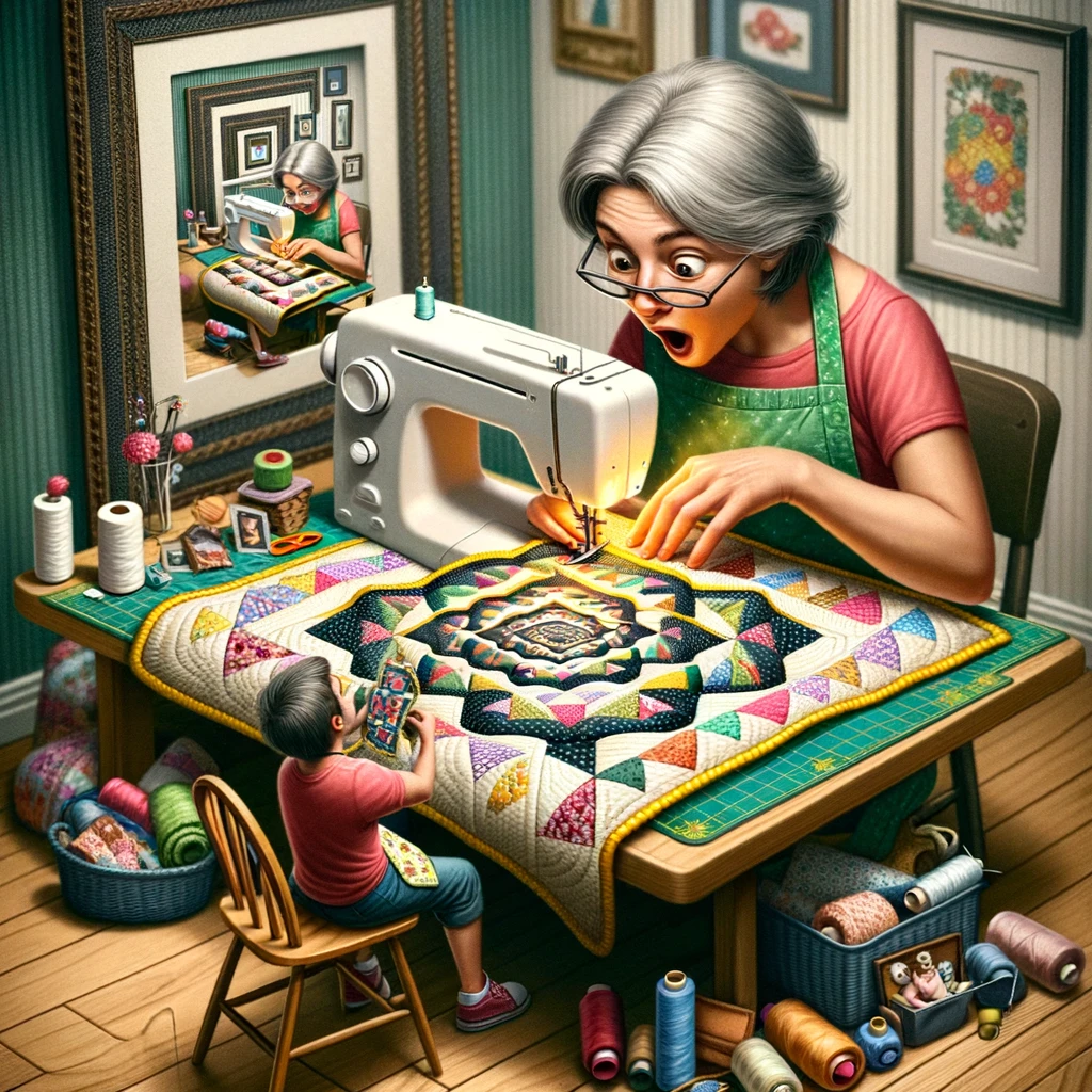 A comical image of a quilter sewing a mini quilt, which has a tiny quilter on it also sewing a quilt, creating an infinite loop of quilting. The main quilter is seated at a sewing table, looking amazed at the mini quilt. The mini quilt features an even smaller quilter, also engaged in sewing. This recursive scene captures the humor of 'Quiltception', with each layer revealing another level of quilting. The room is filled with quilting materials, emphasizing the depth of the quilter's passion for their craft.