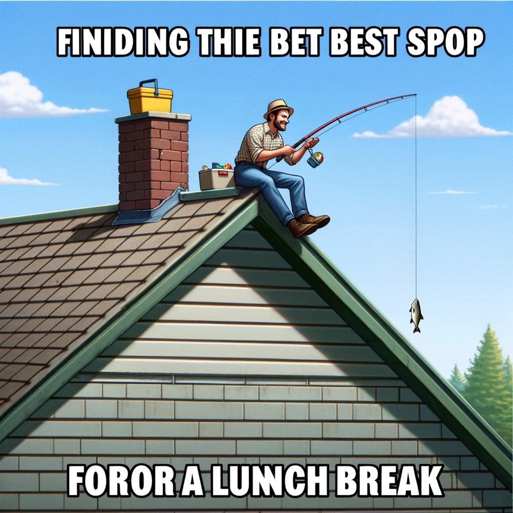 A whimsical meme featuring a roofer sitting on the edge of a roof. The roofer is casually fishing into a nearby pond, positioned far below the rooftop. Beside him is a lunchbox, and he has a relaxed smile on his face. The caption reads: "Finding the best spot for a lunch break." The scene should have a playful and relaxed atmosphere, highlighting the roofer's ingenuity in finding a unique way to enjoy his lunch break.