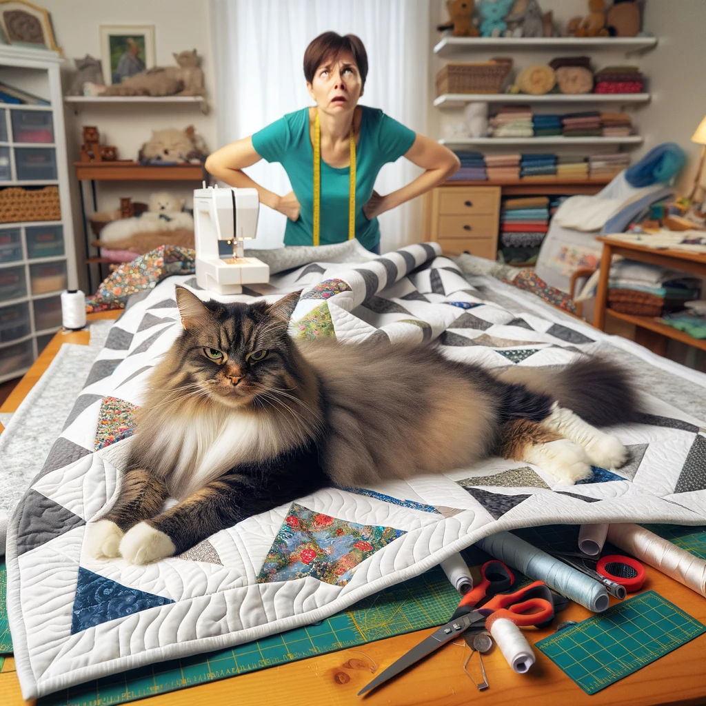 A humorous image of a cat sprawled across a half-completed quilt, looking victorious, with a frustrated quilter in the background. The cat appears smug and comfortable, dominating the quilt. The quilter, visible in the background, is humorously perplexed, hands on hips, trying to figure out how to continue working around the cat. The scene captures the classic 'Cat vs. Quilt' scenario, highlighting the playful struggle between quilters and their feline companions. The room is cluttered with quilting supplies, adding to the chaotic yet humorous atmosphere.