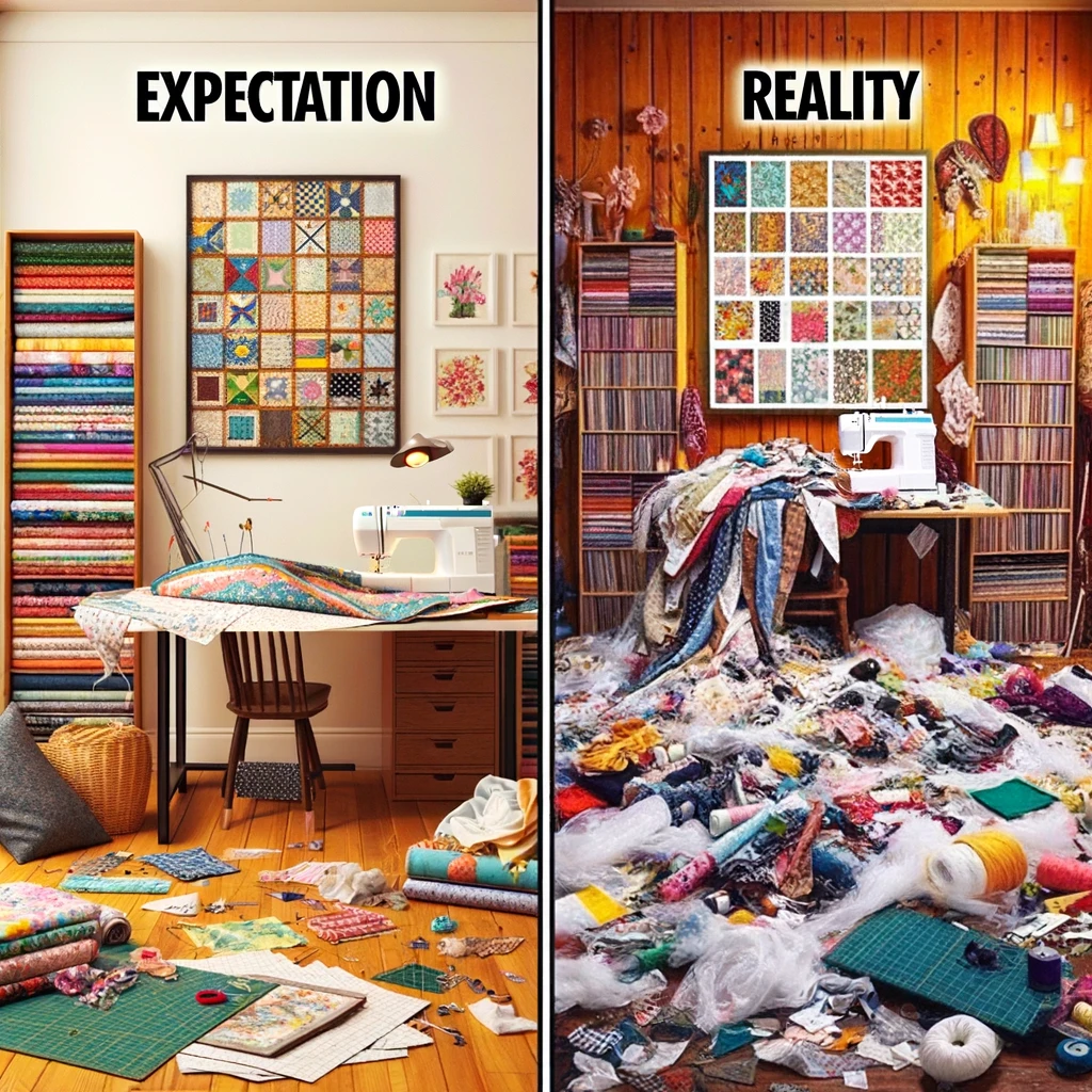 A split image showing the 'Quilting: Expectation vs. Reality' meme. On the left ('Expectation'), there's a beautifully organized sewing room with neat shelves of fabric, a tidy sewing table, and a perfectly arranged quilt in progress. On the right ('Reality'), the room is chaotic, full of fabric scraps, loose threads, and multiple unfinished projects. The contrast is humorous, showcasing the idealized vision versus the often messy reality of quilting. The image captures the light-hearted frustration and joy found in the creative process.