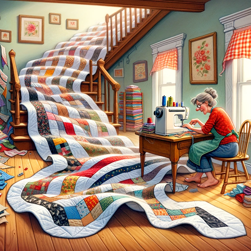 A comical image of a quilter adding 'just one more row' to a quilt that's so long it's spilling out of the sewing room and down the stairs. The quilter looks determined yet slightly overwhelmed, as the quilt stretches impossibly long, humorously exaggerating the concept of 'The Never-Ending Quilt'. The sewing room is cozy and cluttered with fabrics and quilting tools, emphasizing the quilter's dedication. The exaggerated length of the quilt adds a whimsical touch to the scene, capturing the endless nature of some quilting projects.