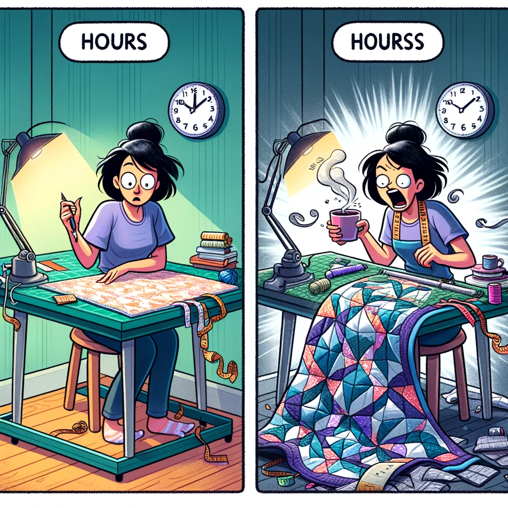 An image illustrating the 'Quilting Time Travel' meme. A quilter is depicted starting work on a project, looking fresh and eager. In the next panel, they are shocked to see hours have passed, indicated by a rapidly spinning clock and a look of surprise. The room shows subtle changes, like daylight turning to night and a cup of tea going from full to empty, emphasizing the passage of time. This humorous depiction captures the phenomenon where quilters lose track of time, engrossed in their craft, with time seemingly flying by.