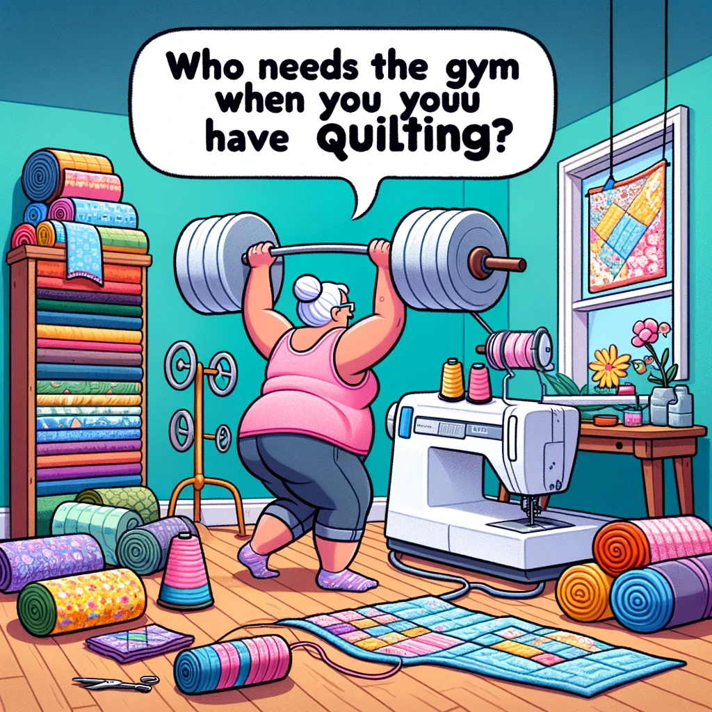 An image representing the 'DIY Quilting Gym' meme. It features a quilter humorously using quilting activities as a form of exercise. The quilter is lifting heavy rolls of fabric as if they are weights, and using a sewing machine pedal like a step machine. The room looks like a blend of a gym and a sewing room, with fabric rolls arranged like gym equipment and a sewing machine set up like an exercise machine. The tagline, "Who needs the gym when you have quilting?" adds a humorous touch to the scene, emphasizing the physical aspect of quilting.