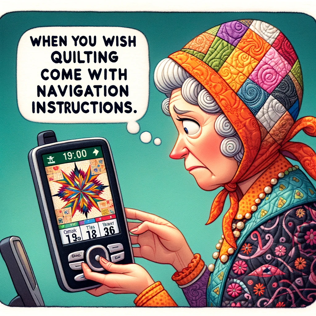 A quilter looking confused at a GPS, which displays a complicated quilt pattern instead of a map. The GPS is prominently featured, and the quilter's expression is one of humorous bewilderment. The caption reads, "When you wish quilting came with navigation instructions." The scene is colorful and whimsical, highlighting the contrast between the traditional GPS and the intricate quilt pattern on its screen.