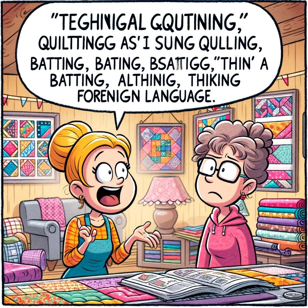 A comic strip showing a quilter using technical quilting terms, and their non-quilting friend looking utterly baffled, thinking it's a foreign language. The scene should depict the quilter enthusiastically explaining something about quilting, using terms like 'batting', 'basting', and 'appliqué', while the friend stands nearby with a confused expression, as if hearing a foreign language. The environment should be a cozy quilting room, filled with fabrics and quilting tools.