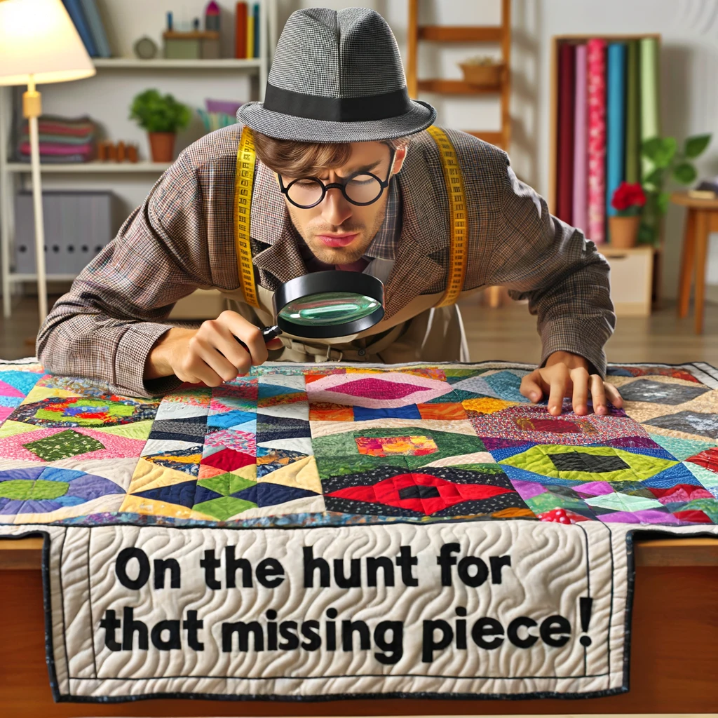 A quilter acting like a detective, inspecting a quilt closely with a magnifying glass. The quilter is dressed in a playful detective outfit, complete with a hat, and is intently examining a colorful quilt. The quilt is spread out on a table, and the quilter is looking for something specific, with a focused expression. The caption reads, "On the hunt for that missing piece!" The room is a well-lit quilting studio, with various quilting supplies and fabrics visible in the background, adding to the detective-like atmosphere.