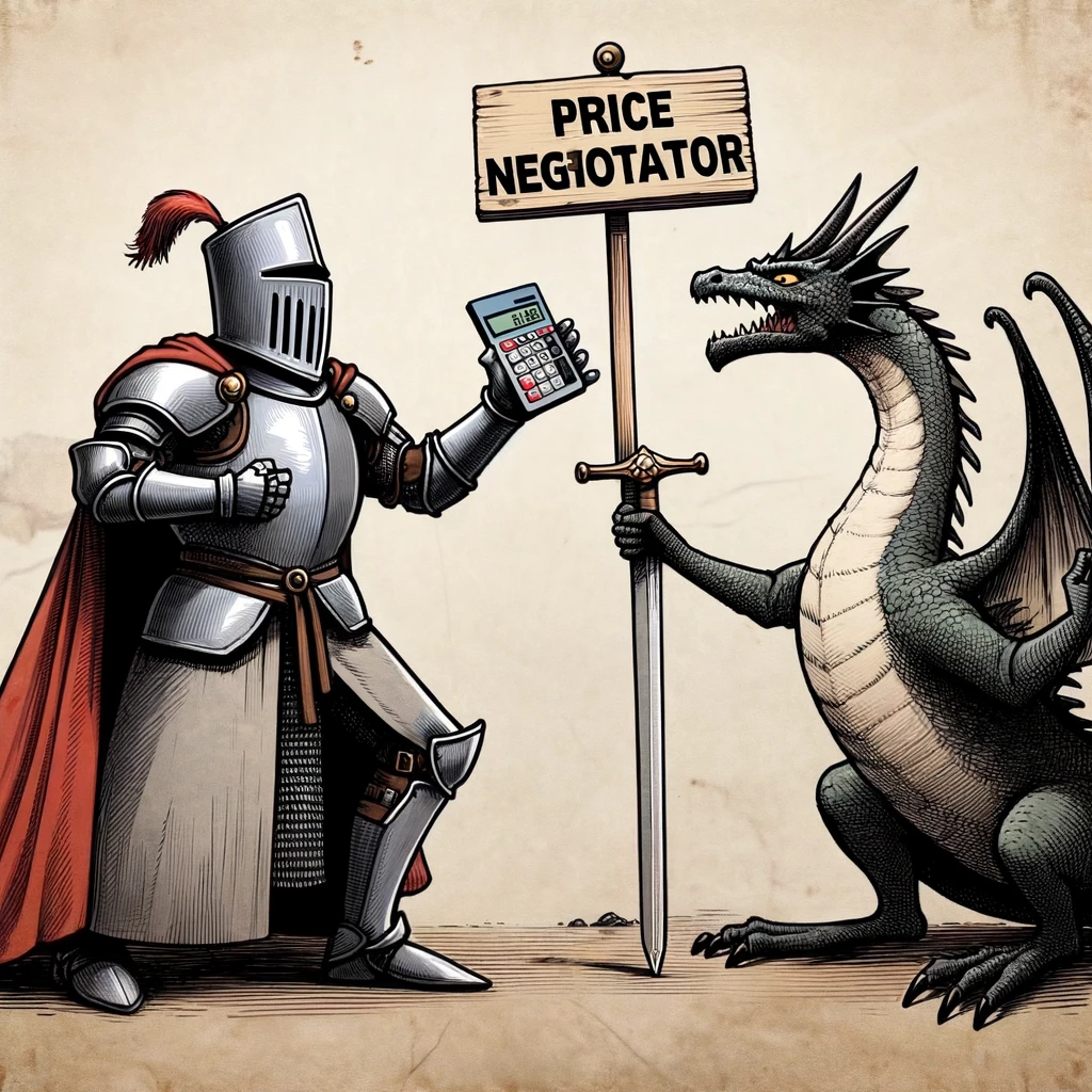 "The Price Negotiator" Meme: A medieval knight in a bargaining pose, with one hand holding a sword and the other a calculator, facing a dragon labeled "High Prices". The scene humorously portrays a negotiation, emphasizing the knight's determination to bring down high prices with his unusual tools.