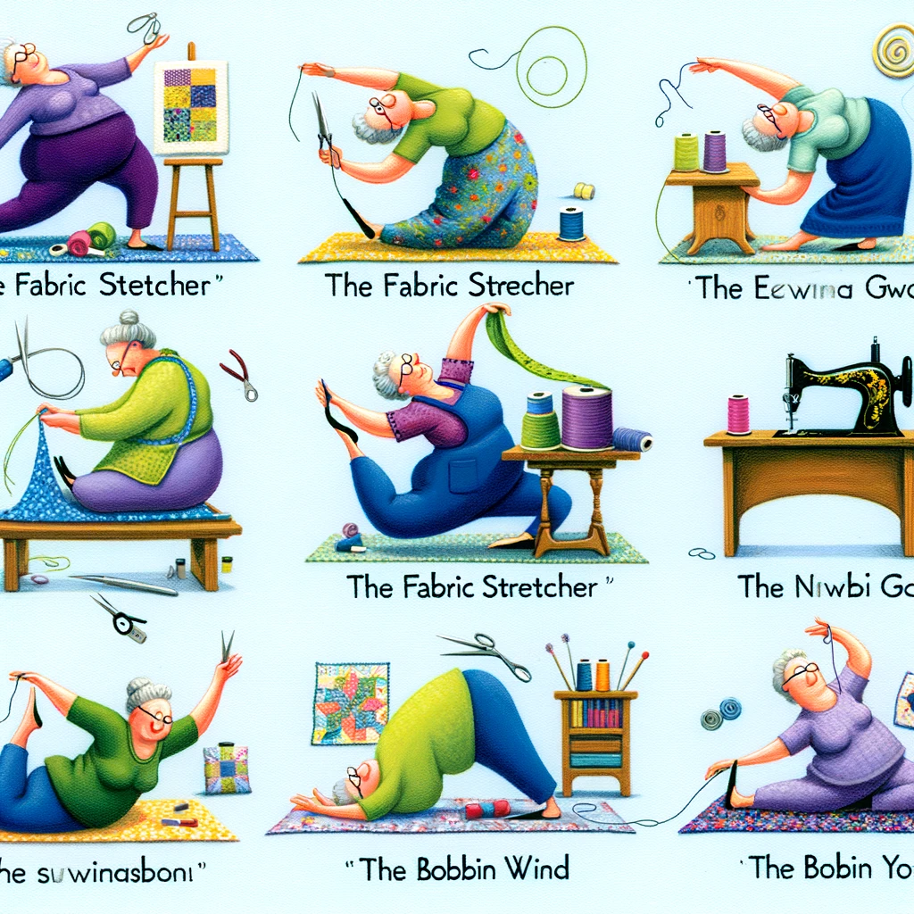 Various humorous poses of a quilter bending and stretching to cut fabric, thread a needle, or reach for materials. The quilter is in different exaggerated yoga-like positions, each labeled with a funny name like "The Fabric Stretcher" or "The Bobbin Wind." The scene should be set in a colorful quilting studio, with fabrics, a sewing machine, and quilting tools. Each pose should be a playful take on traditional yoga poses, but adapted to quilting activities, showing the quilter in mid-action with a light-hearted expression.
