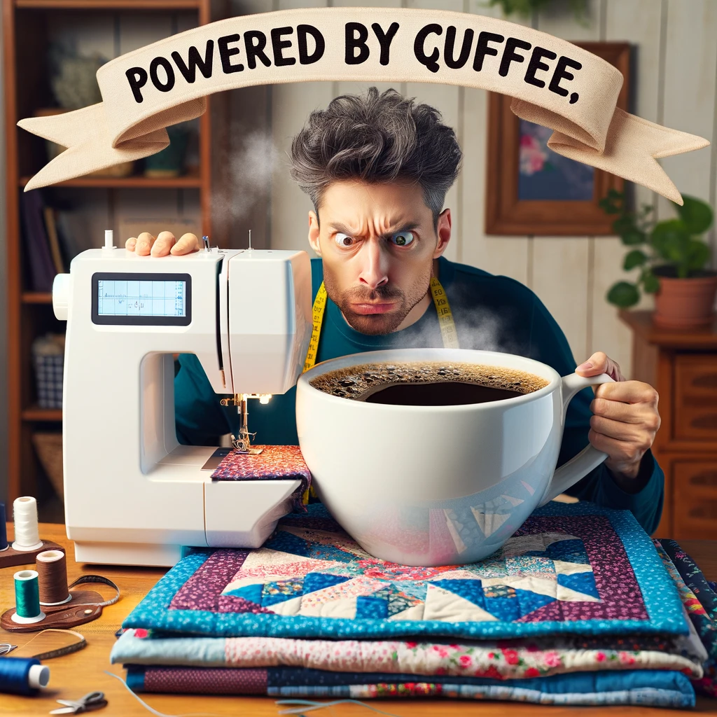 A quilter with a huge cup of coffee, looking extremely focused and determined. The quilter is sitting at a sewing machine, with a large, steaming cup of coffee next to them. They have an intense expression of concentration as they work on a colorful quilt. The caption reads, "Powered by coffee, sustained by quilting." The room is a cozy quilting space, with fabric scraps, spools of thread, and quilting tools around, emphasizing the quilter's dedication and the humor in their reliance on coffee for quilting energy.