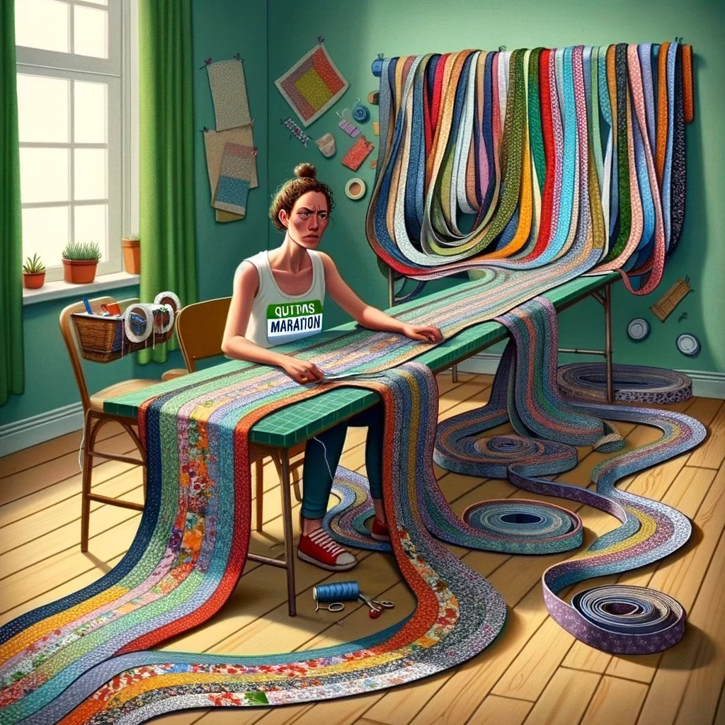 A quilter sitting with a seemingly endless strip of quilt binding. The quilter is seated at a table, surrounded by a long, winding strip of colorful binding that stretches off into the distance. They wear a marathon runner's bib, humorously implying the endurance needed for this task. The expression on their face is a mix of determination and amusement. The caption reads, "Quilt Binding Marathon." The room should be a typical quilting workspace, with fabric scraps, a sewing machine, and other quilting tools, emphasizing the lengthy and challenging nature of binding a quilt.