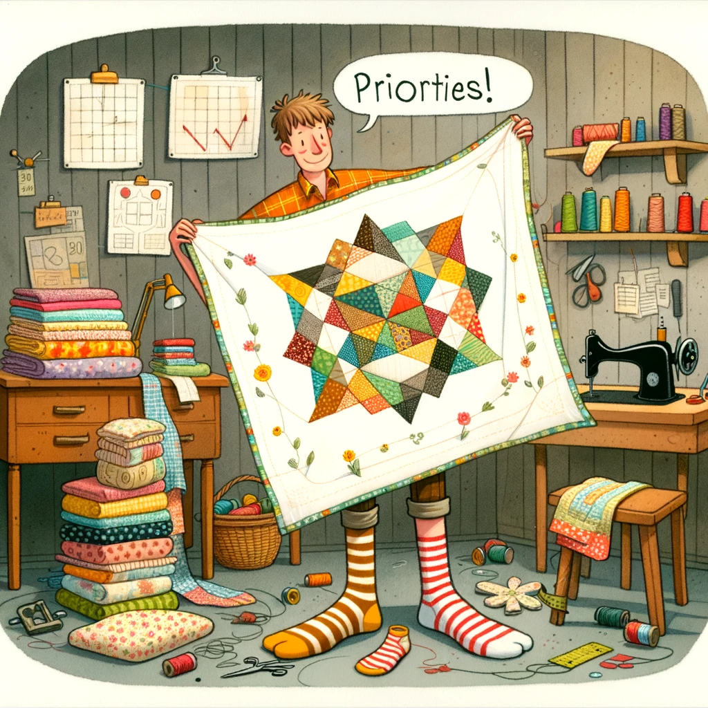 A quilter proudly showing off a perfect quilt, but wearing completely mismatched socks. The quilter stands holding a beautifully crafted quilt with a look of pride and joy. However, their feet are comically adorned with wildly mismatched socks, one striped and the other polka-dotted. The caption reads, "Priorities!" The setting is a cozy quilting studio, with fabric scraps, a sewing machine, and spools of thread, highlighting the quilter's focus on the craft rather than on matching their attire.