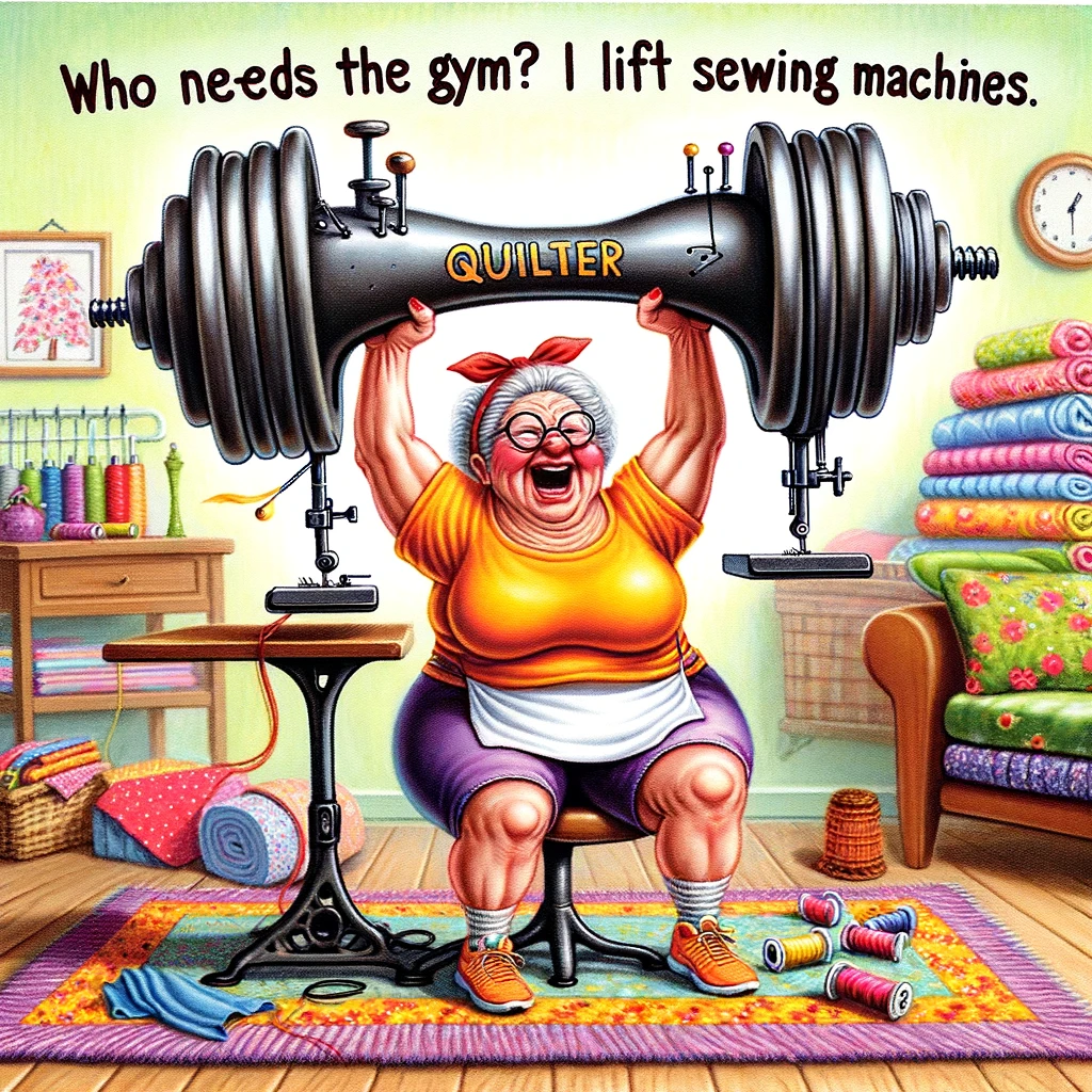 A humorous image of a quilter lifting a heavy sewing machine as if it's a weight. The quilter is in workout clothes, showing exaggerated effort and determination. The sewing machine looks particularly heavy and sturdy, resembling a dumbbell. The background suggests a cozy, home sewing room, with fabric and quilting supplies scattered around. A caption says, "Who needs the gym? I lift sewing machines." The scene is colorful and comical, emphasizing the humorous aspect of quilting as a form of exercise.
