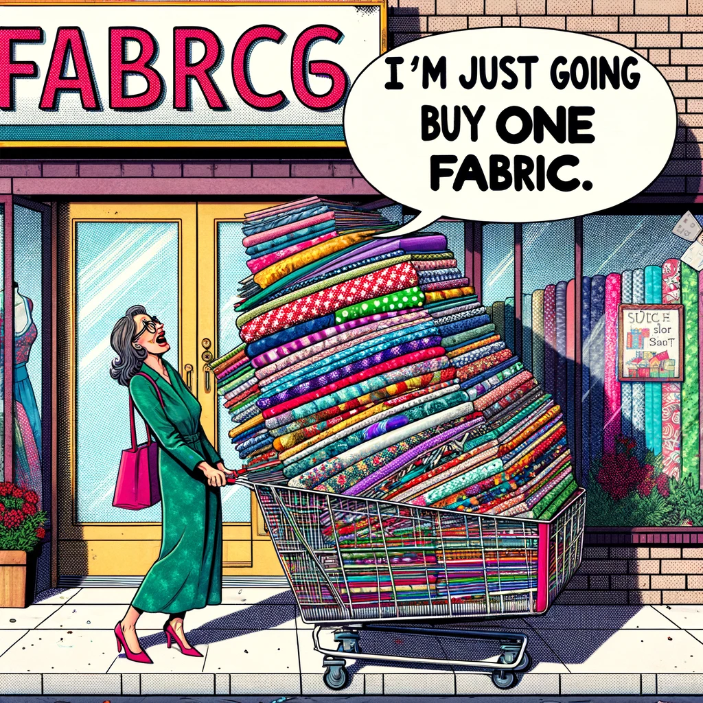 A comic-style image of a quilter standing at the entrance of a fabric store, looking determined. The quilter is saying, "I'm just going to buy one fabric." However, they are pulling a gigantic, overloaded shopping cart filled to the brim with various colorful fabrics. The store entrance is inviting, with a sign reading "Fabric Store," and displays of fabric visible through the windows. The quilter's expression is one of both excitement and humorous denial about their self-control. The scene is vibrant and exaggerated, capturing the amusing aspect of fabric shopping for quilters.