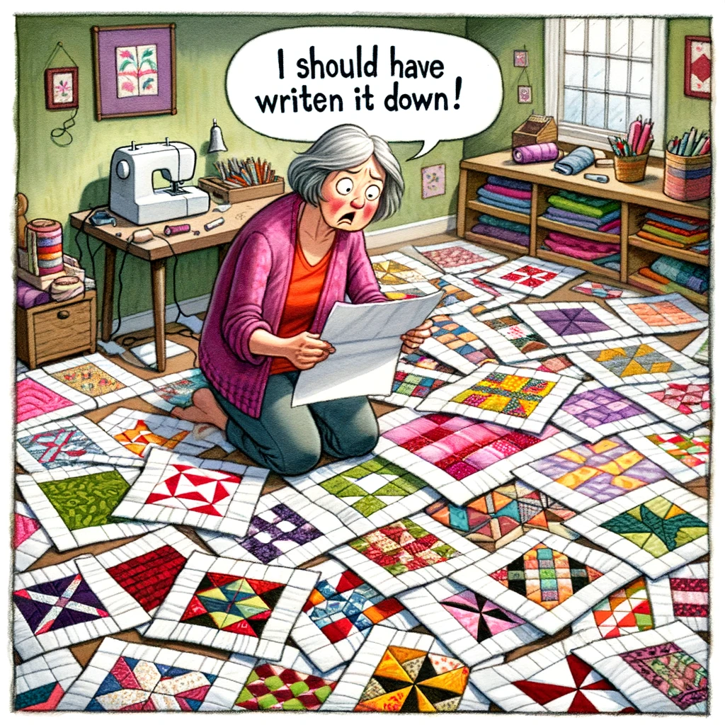 A puzzled quilter is depicted staring at an array of quilt blocks scattered on the floor, appearing confused and thoughtful. The quilt blocks are in various patterns and colors, spread out in a disorganized manner. The quilter is holding a piece of paper, looking back and forth between the paper and the quilt blocks, as if trying to remember a plan. The room is a cozy quilting space, with a sewing machine and fabric shelves in the background. A caption says, "I should have written it down!" The image conveys a humorous situation of a quilter trying to recall their original quilting plan.
