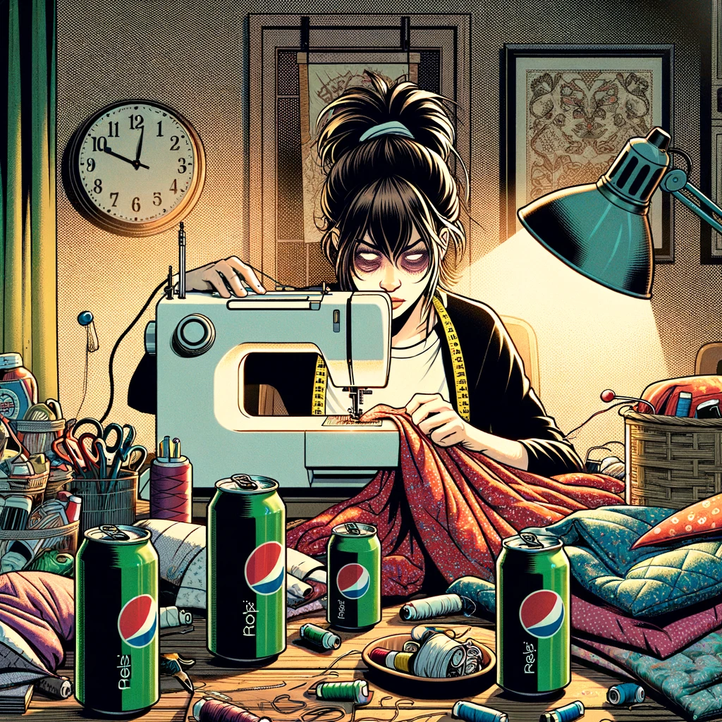 A comic-style image showing a quilter working late into the night, surrounded by energy drinks and snacks. The scene is set in a cozy, dimly lit sewing room. The quilter is focused intently on the sewing machine, with bleary eyes and a look of determination. The clock on the wall shows a late hour, and the room is cluttered with fabric and quilting tools. The image captures the dedication and humor of working on a quilting project through the night, emphasizing the passion and slightly chaotic nature of the hobby.